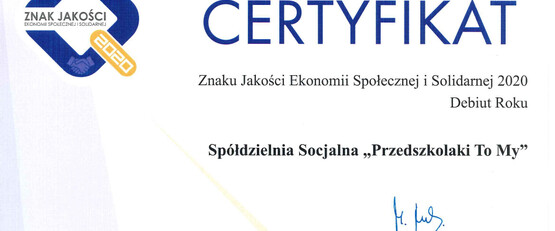 Nasza Spółdzielnia Socjalna z certyfikatem Znaku Jakości Ekonomii Społecznej i Solidarnej